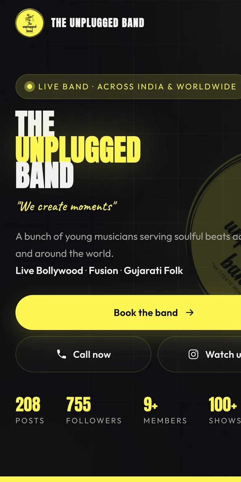 The site at phone width: the band’s name stacked in large type over a dark background, a yellow booking button and call and Instagram buttons beneath it