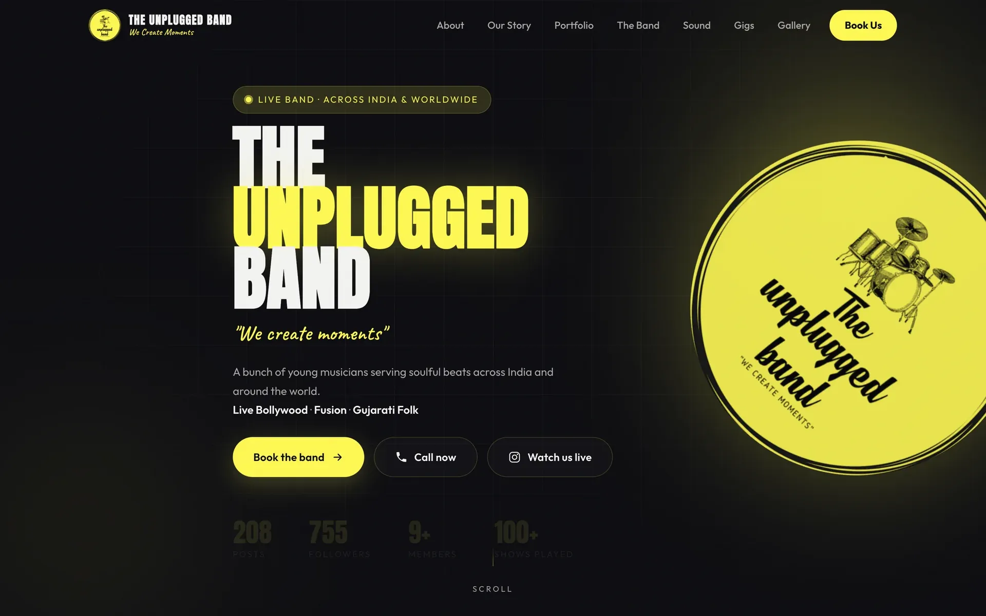 theunpluggedband.com: a black and yellow single-page site with the band's name in large type, booking and call buttons, and live Instagram stats